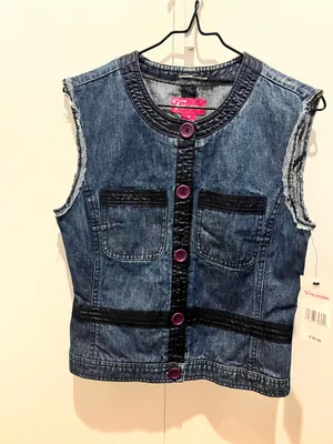 Tradition Dark Blue Denim Sleeveless Vest with Purple Buttons new with tag thumbnail 2