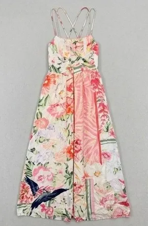 Maaji Maxi Dress Womens Small Multicolor Floral Tropical Boho‎ Bird Print Slit thumbnail 1