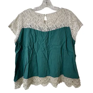 Umgee USA Teal Linen‎ Blend Lace Trim Boho Top Short Sleeve Keyhole Back Large thumbnail 2