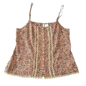 Full‎ Tilt Women's Medium Pink Floral Lace Trim Button Front Camisole Tank Top thumbnail 1