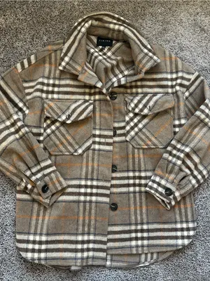 Timing Brown Plaid Utility Shacket with Cream & Orange Accents thumbnail 1