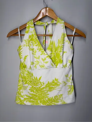 Liz Claiborne Y2K Tropical Halter Top Lime Green White Resort Coquette Vacation‎ thumbnail 2