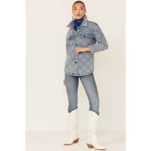 Vigoss Womens Cotton Denim Jacket L Blue Quilted Acid‎ Wash Shacket Western Boho thumbnail 2