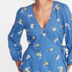 Old Navy Women Large Blue Floral Daisy‎ Wrap Top V-Neck Long Sleeve Blouse NEW thumbnail 1