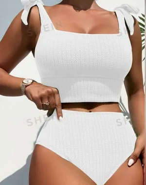 SheIn White high waisted 2 piece swimsuit thumbnail 1