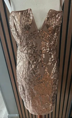 IRIS sequin dress short brown/rose gold color stylish sexy going out dress sz L thumbnail 1