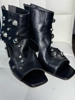 Fabrizio Chini Black Leather Studded Peep Toe Ankle Booties Made in Italy thumbnail 7