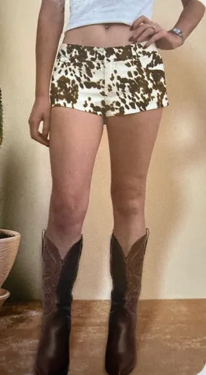 Rewash Women's Low Rise Jean Shorts - Brown and White Cow 🐮 Print thumbnail 1