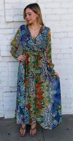 NWT Bandolino tropical safari maxi dress with multicolored abstract floral and leaf-like design sz M thumbnail 1
