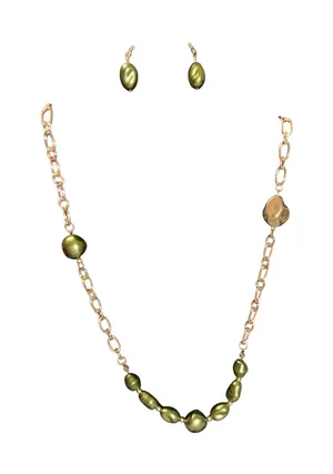 Gold necklace with green pearls matching earrings thumbnail 1