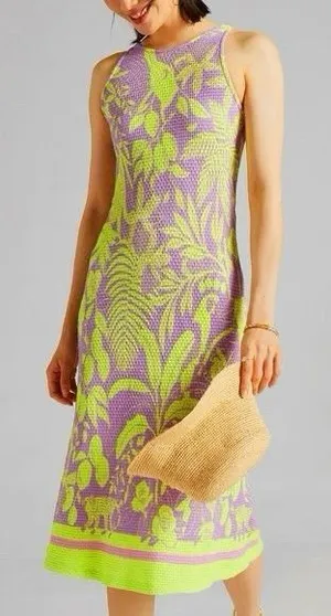 HTF Anthropologie x FARM Rio Knit Midi Dress Size Small Purple Motif thumbnail 1
