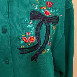 Vintage 90s Alfred Dunner green Cardigan Plaid Bow L thumbnail 8