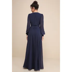 Lulus My Whole Heart Dark Navy Blue Long Sleeve Wrap Dress Chiffon Medium NWT thumbnail 3