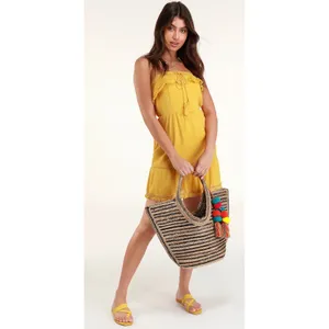 Lulus Mustard Yellow Strapless Boho Mini Dress Crochet Fringe Tassel‎ XL NEW thumbnail 3