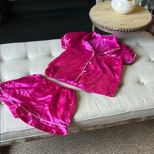 Non Signe Pink Satin Trimmed Two Piece Pajama Set Size Small thumbnail 2