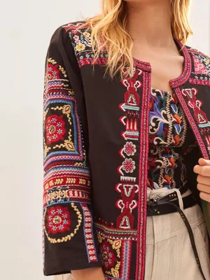 Anthropologie Abstract Embroidered Jacket Size Small Black Multicolor Boho Artsy thumbnail 2