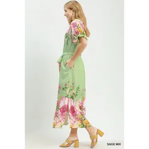 Umgee Mix Floral‎ Border Print Midi Dress - Sage Mix - Small thumbnail 3