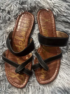 Sam Edelman Black Strappy Slide Sandals with Brown Croc-Embossed Footbed thumbnail 1