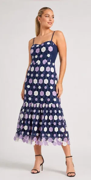 Just Me Navy Floral Crochet Midi Dress with Lavender and Cream Accents Navy Floral Croch thumbnail 1