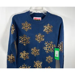 Tipsy‎ Elves Blue Mini Sweater Dress With Gold Sequin Snowflakes Size XS NWT thumbnail 3