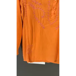 Kaketus Y2k Orange Cotton Gauze‎ Embroidered Boho Henley Blouse Womens Large thumbnail 3