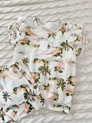 LC Lauren Conrad Cream Tropical Print Short Sleeve Top & Shorts Set thumbnail 4