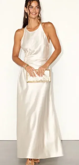Lulu's Satin Halter Maxi Dress in Ivory Cream thumbnail 1