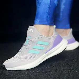 adidas Women's Light Gray Running Shoes with Aqua Stripes and Purple Heel Accent thumbnail 1