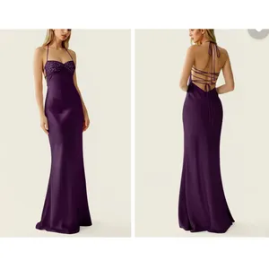 Azazie Maxi Dress Satin Beaded Valerinaire Grape Vacation Size US 0 Purple thumbnail 9