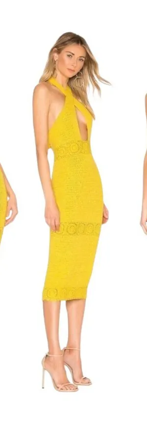 NBD Dress Women Medium Yellow Brandy Open Knit Crochet Halter Neck Midi Retro‎ thumbnail 1