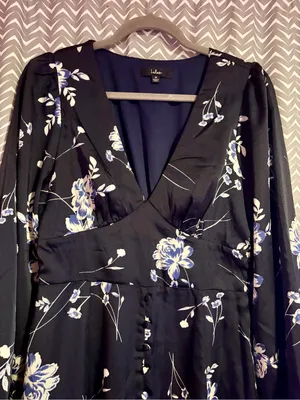 Lulus | Beautiful Details Navy Blue Floral Long Sleeve Midi Dress, M thumbnail 5