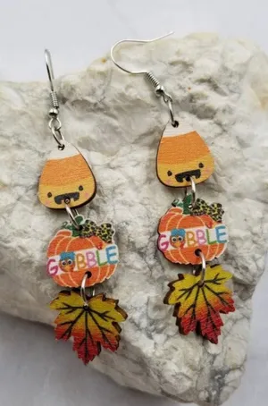 GOBBLE Pumpkin & Maple Leaves Wood Earrings thumbnail 1