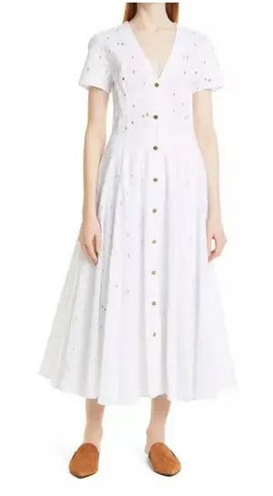 DYVNA Floral‎ Cutwork Maxi Dress White Size 12 Hammered Buttons Lace Eyelet thumbnail 1