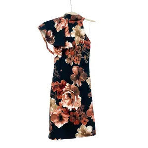 BLUEBLUSH Sleeveless Short Black Floral Print Dress Sz S w/Ruffle on One Side thumbnail 2