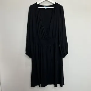 Draper James RSVP Plus 1X Smocked Waist Dress Surplice V-Neck Black‎ Long Sleeve thumbnail 4