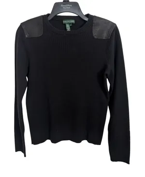 Y2K Lauren Jeans Co Black Rib Knit Crewneck Leather Patch Long Sleeve M Moto thumbnail 1