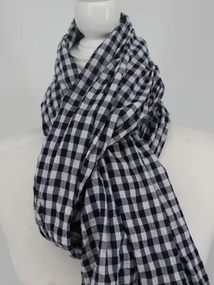 J.Crew Navy White Gingham Plaid Pom Pom Scarf 100% Cotton NWT Preppy Picnic thumbnail 2