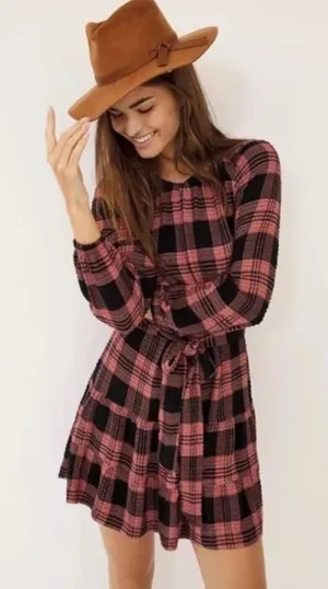 Anthropologie Cloth & Stone Daia Plaid Pink‎ and Black Mini Dress Sz S thumbnail 1