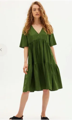 Thinking Mu‎ Fresia Dress Women's L Green Hemp Tencel Tiered Midi Lagenlook Boho thumbnail 1