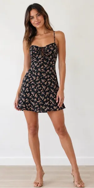 American Eagle Outfitters Black Mini Dress with Peach Floral Print thumbnail 1