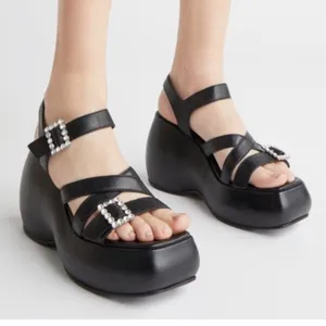 New Free People Brooklyn Ankle Strap Platform Sandal Black Leather Size 7.5 thumbnail 2