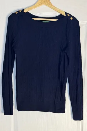 Lauren Ralph Lauren Navy Cable Cotton Knit Sweater, Large thumbnail 1