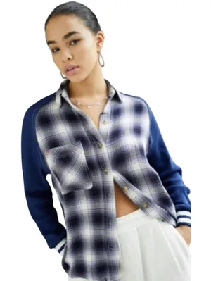 UO BDG Women’s Keanu Blue Plaid Varsity Mixed Media Button Up Flannel thumbnail 1