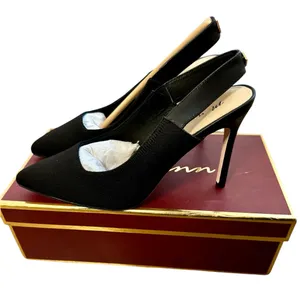 Melyann Jinji New Black Stiletto Leather and Fabric Slingback Heels Size 7 thumbnail 1