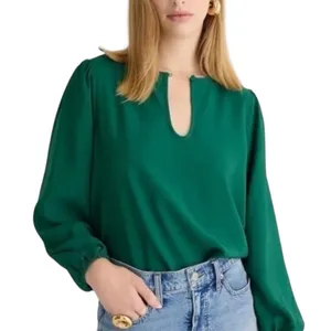 J.Crew Womens Green Keyhole‎ Balloon Sleeve Blouse Top Medium Solid Long Sleeve thumbnail 1