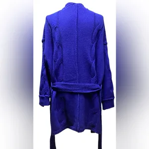 POL chunky cable knit sweater Long open front Belted cardigan Royal Size M/… thumbnail 6