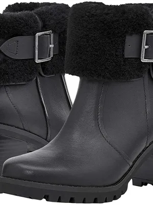 UGG women Black leather shearling platform waterproof heel boots US 7.5 thumbnail 3