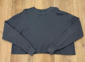 🌟Set Active🌟 Long Sleeve Waffle Knit Cropped T Shirt Top Logo Gray Sz Xs thumbnail 1