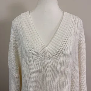 Banana Republic Cream White Oversized Chunky Knit V-Neck Sweater 100% Cotton Lrg thumbnail 4