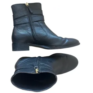 Tory Burch Gemini Link Black Pebbled Leather Ankle Booties Gold Buckle 7.5 thumbnail 8